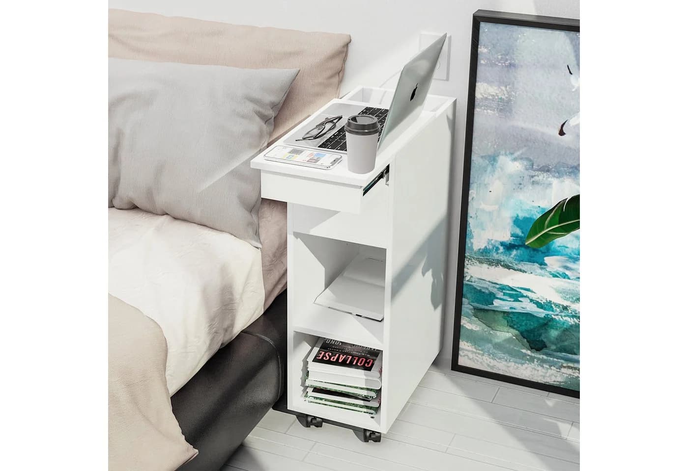 JEOBEST Nachttisch Schmal Weiß mit Schublade & Rollen - Bild 5