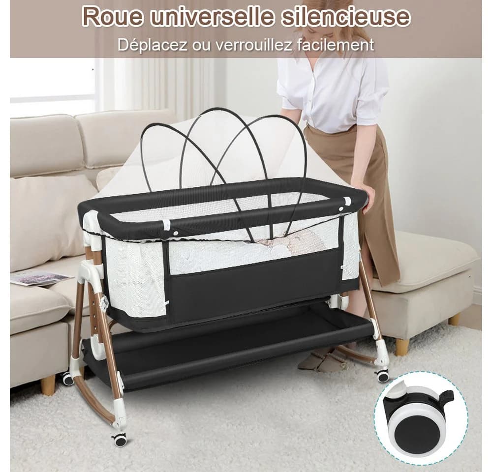 JEOBEST Beistellbett 3 in 1 Schwarz mit Matratze & Moskitonetz