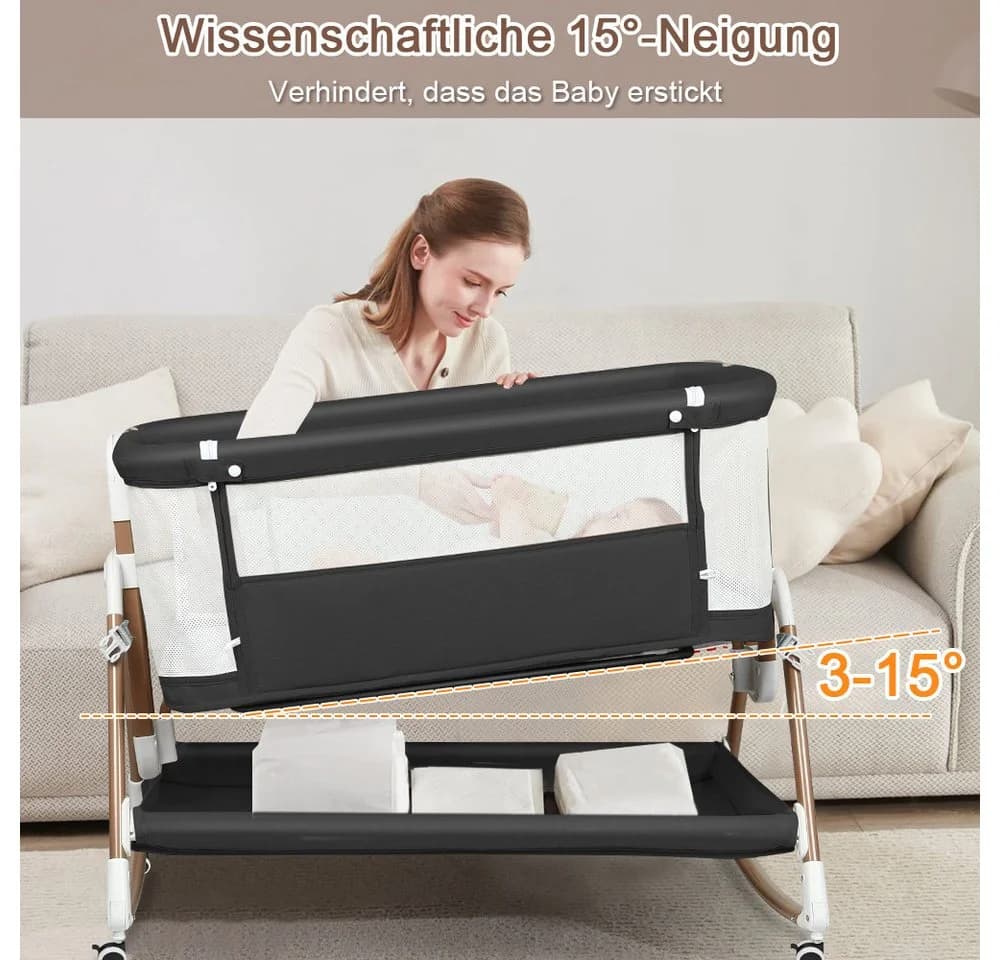JEOBEST Beistellbett 3 in 1 Schwarz mit Matratze & Moskitonetz - Bild 3