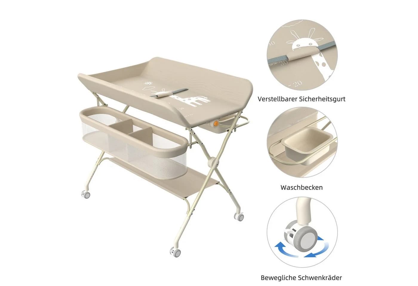 JEOBEST Wickeltisch Baby Wickelkombi, Wickelauflage, Trendy, 1-tlg. Mobil, Mit Bremse, 5-fach höhenverstellbar, Klappbar, Ablagekorb - Bild 4