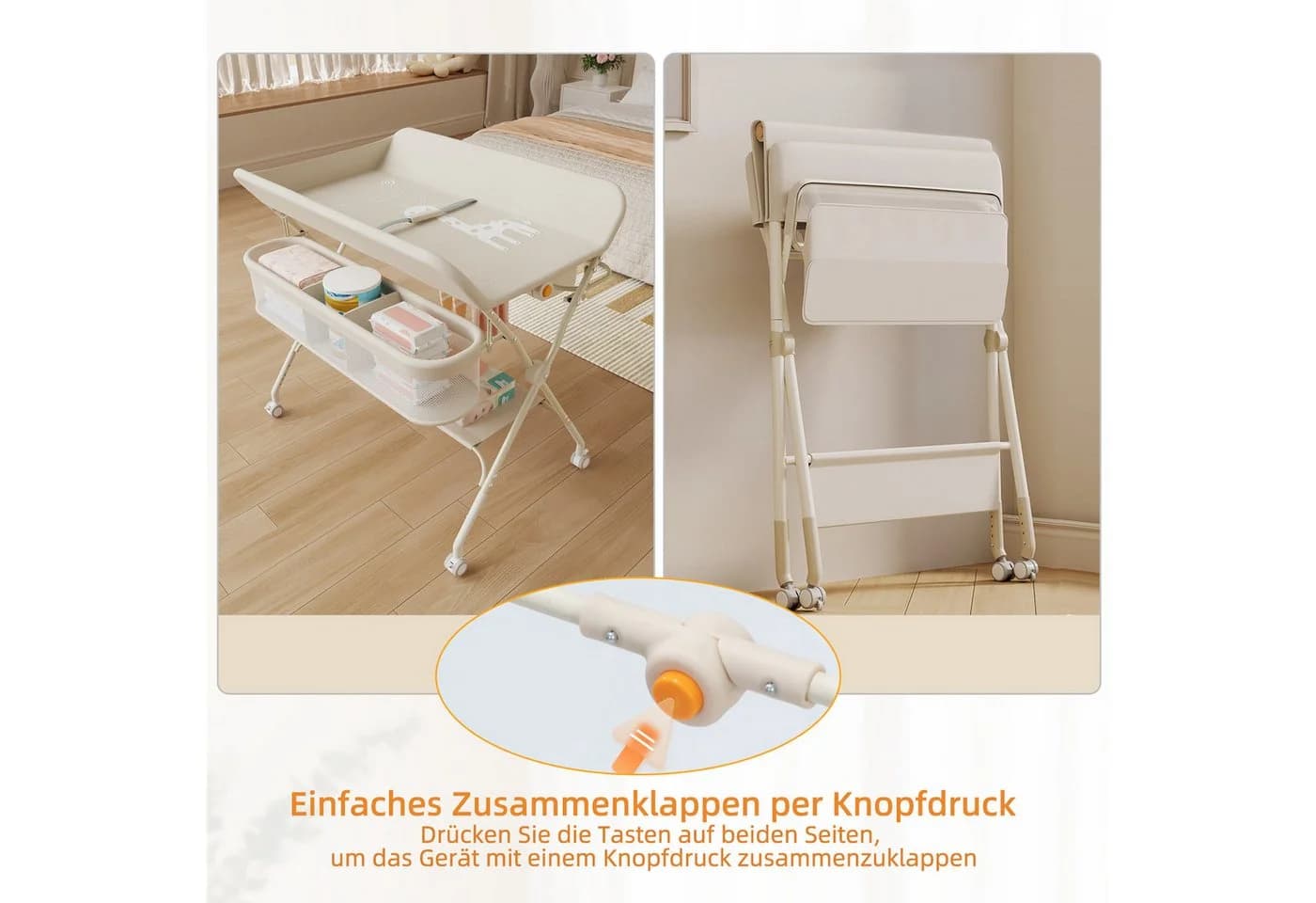JEOBEST Wickeltisch Baby Wickelkombi, Wickelauflage, Trendy, 1-tlg. Mobil, Mit Bremse, 5-fach höhenverstellbar, Klappbar, Ablagekorb - Bild 5