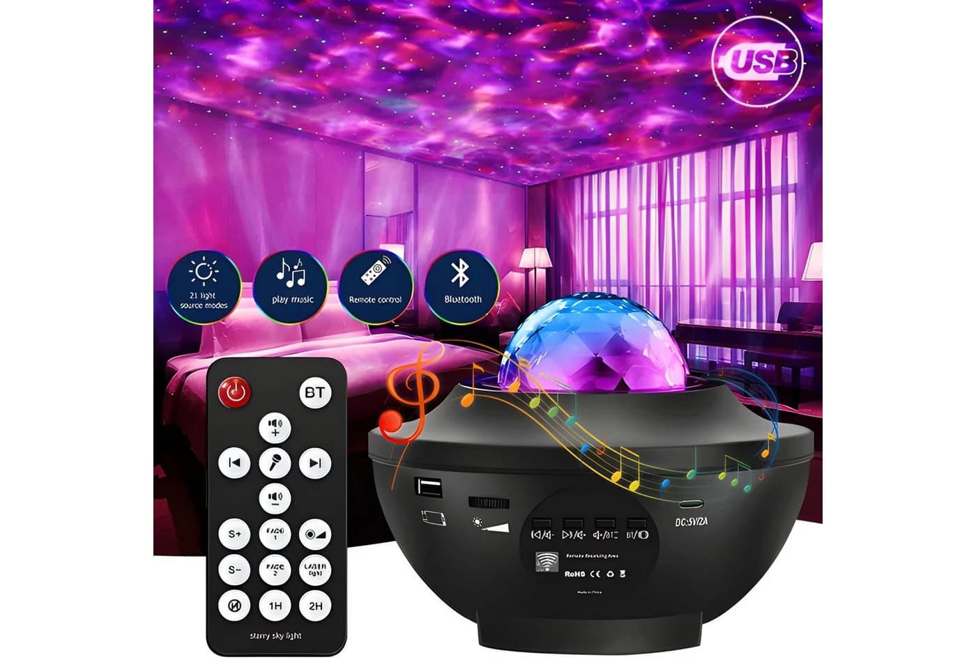 Athlix Projektionslampe LED Nachtlicht LED Sternenhimmel Musik Lampe