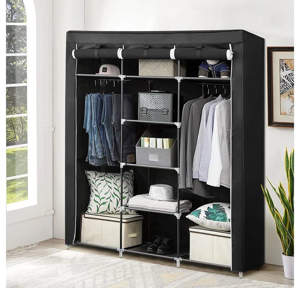 JEOBEST Stoffschrank Kleiderschrank Schwarz mit 2 Kleiderstangen - Bild 3