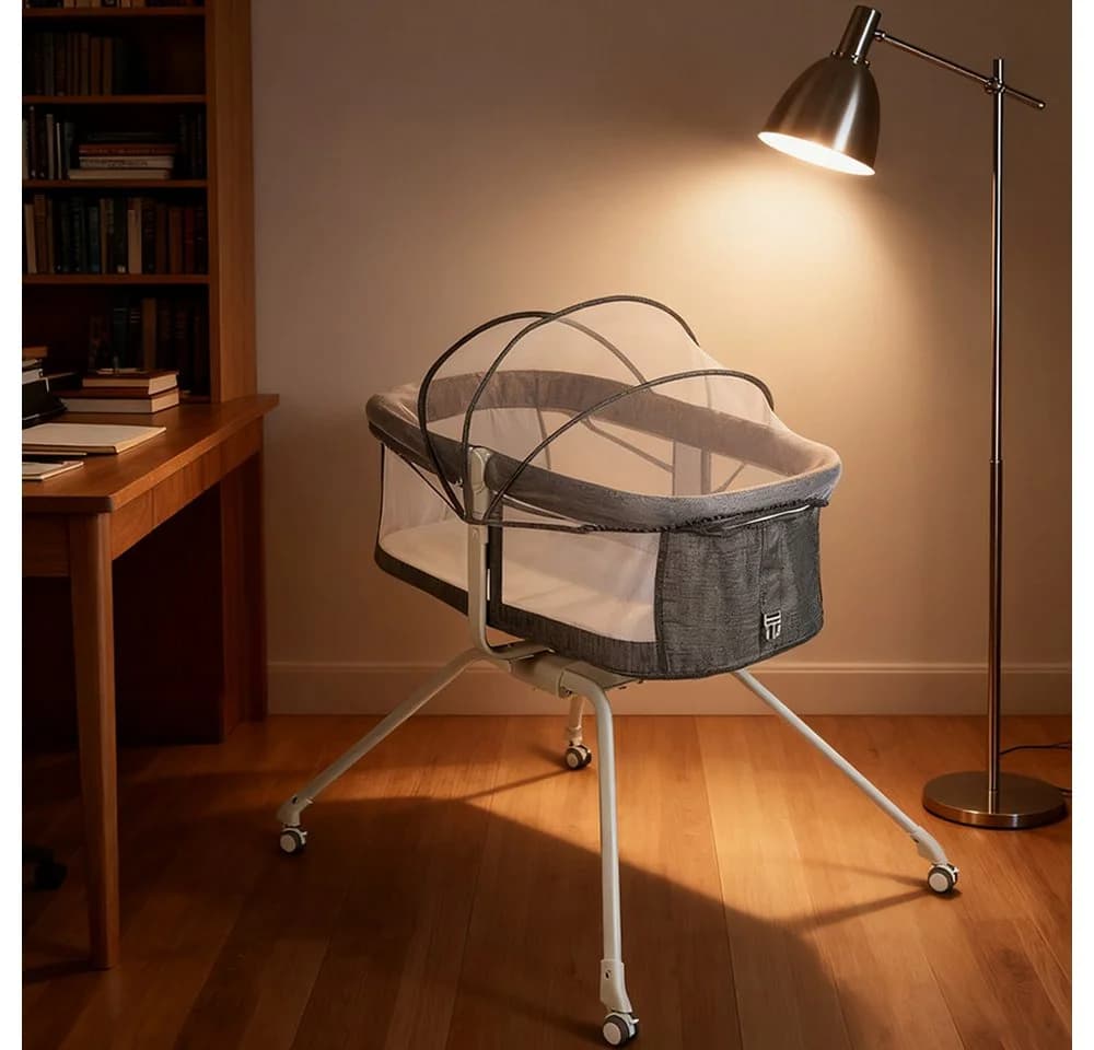 JEOBEST Beistellbett Babywiege Grau mit Moskitonetz & Schaukel-System - Bild 3