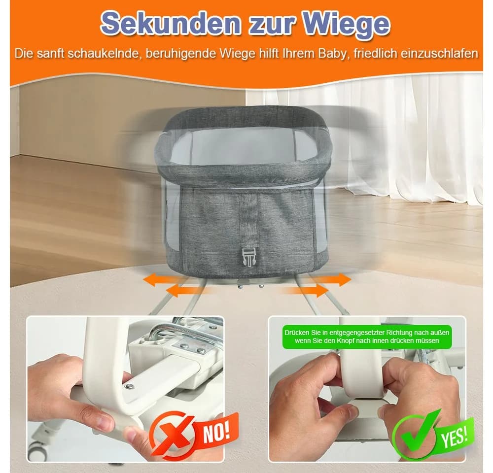 JEOBEST Beistellbett Babywiege Grau mit Moskitonetz & Schaukel-System - Bild 5