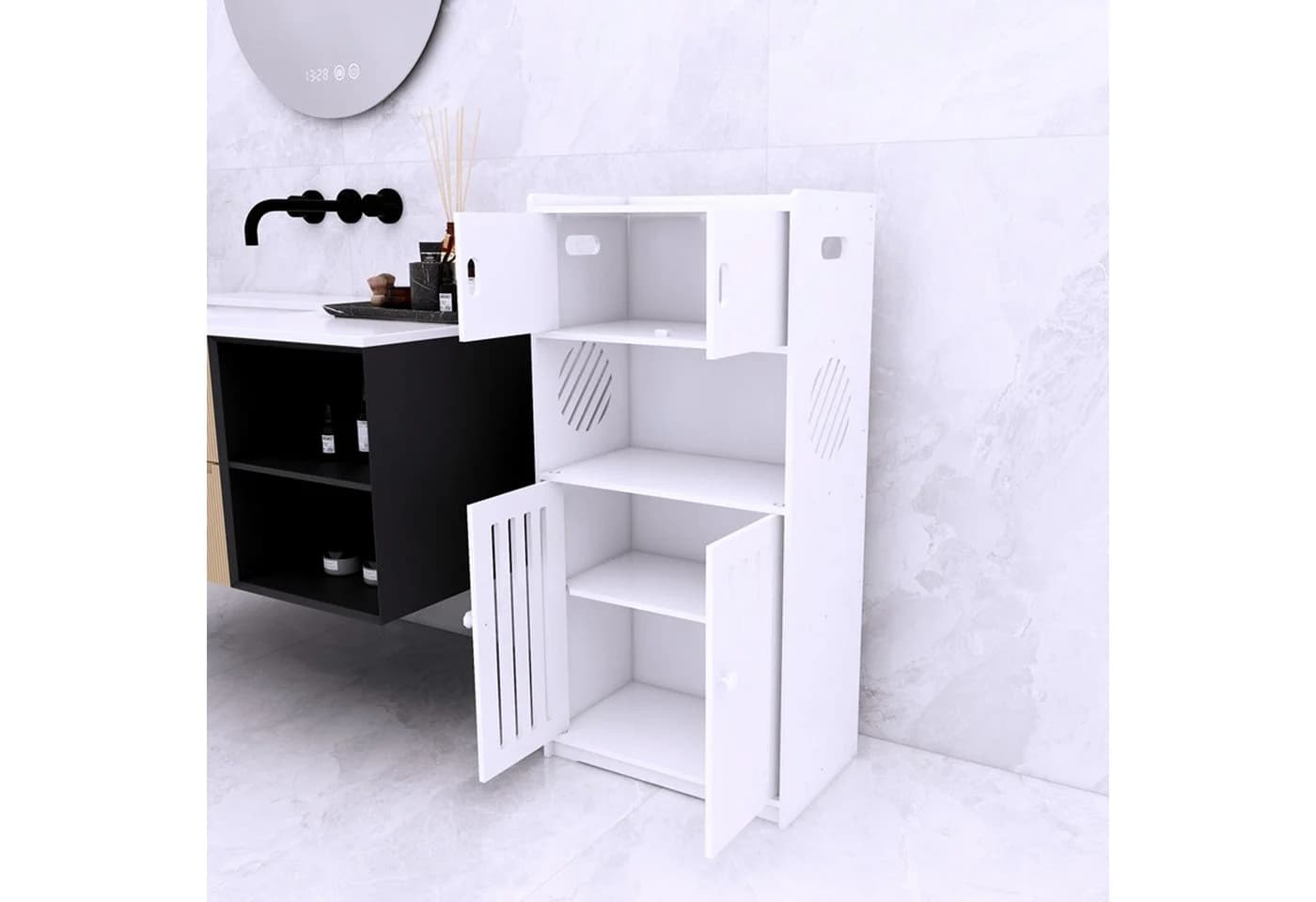 JEOBEST Badkommode Freistehende Bodenschränke, Beistellschrank, Aufbewahrungsschrank, Platzsparendes Badmöbel, Weiß