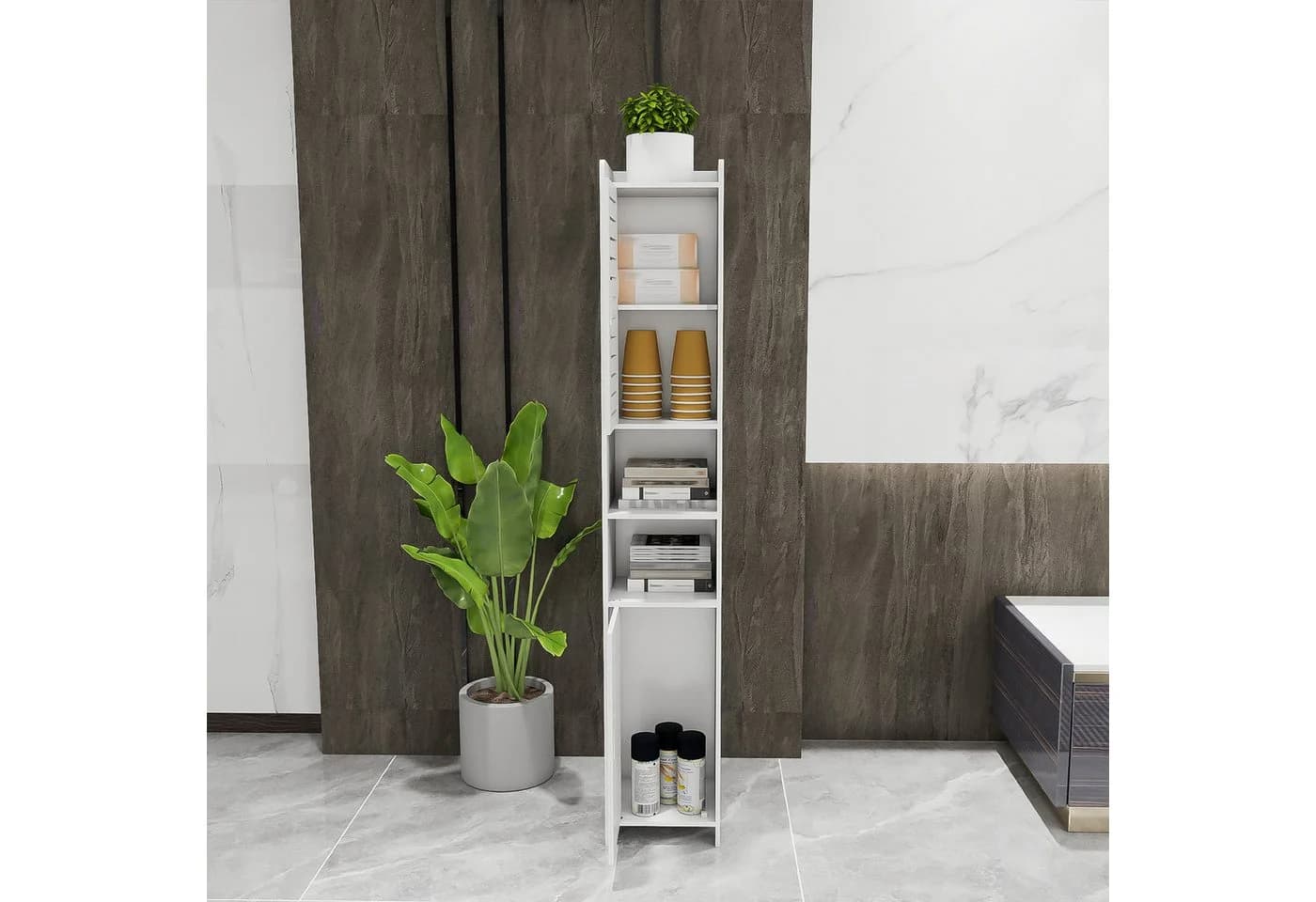 JEOBEST Badkommode Badzimmerschrank Schmal, Badschrank hoch, Beistellschrank, Platzsparendes Badmöbel, Weiß - Bild 3