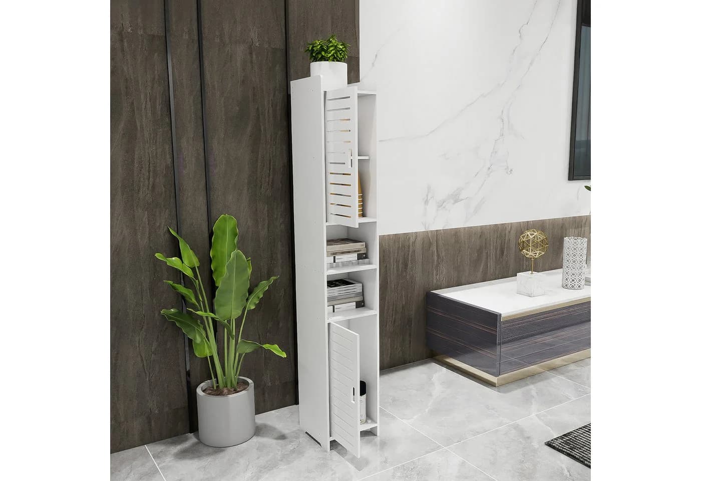 JEOBEST Badkommode Badzimmerschrank Schmal, Badschrank hoch, Beistellschrank, Platzsparendes Badmöbel, Weiß - Bild 4