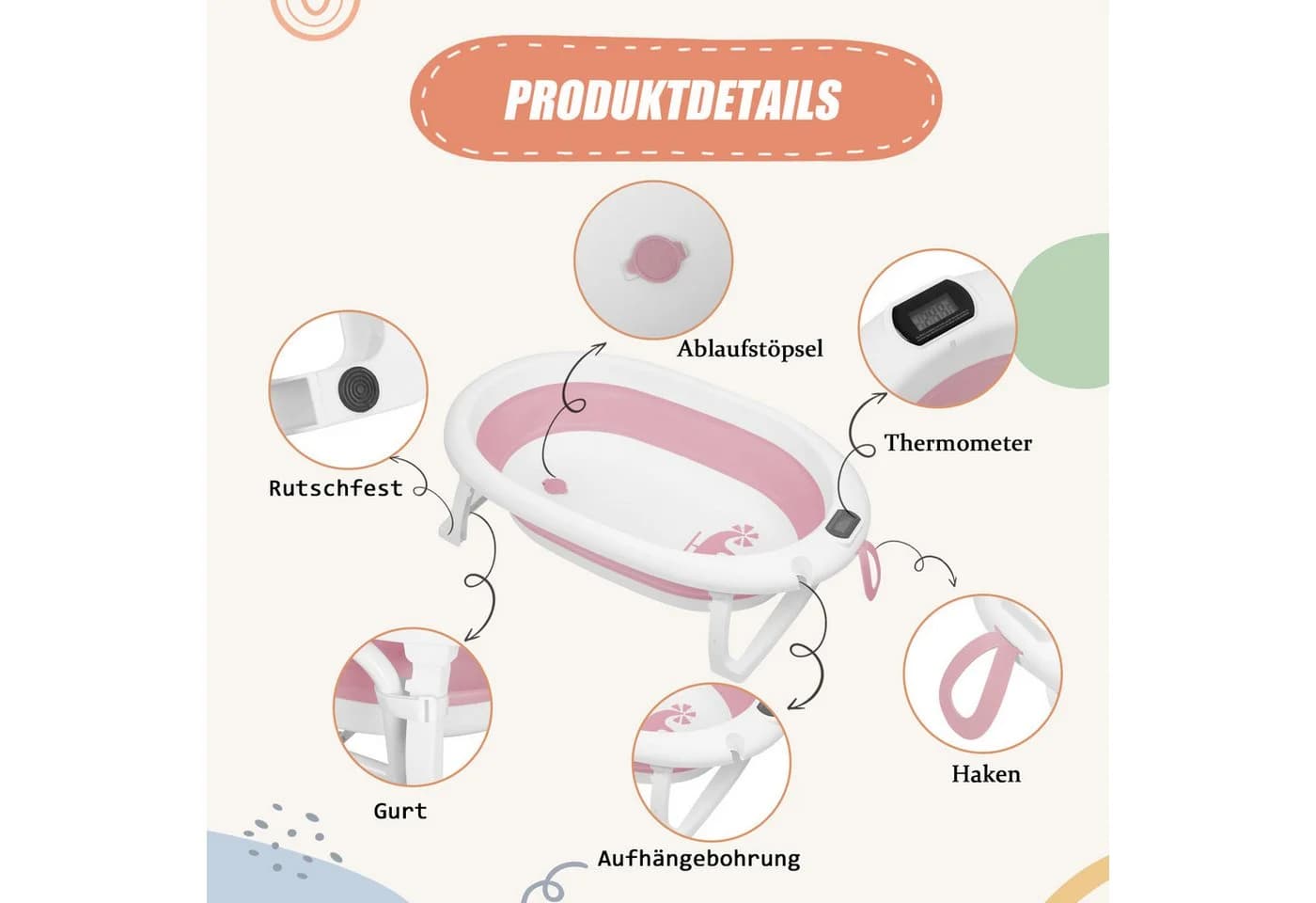 JEOBEST Babybadewanne mit Gestell, Faltbar, Temperatursensor, Rosa - Bild 5