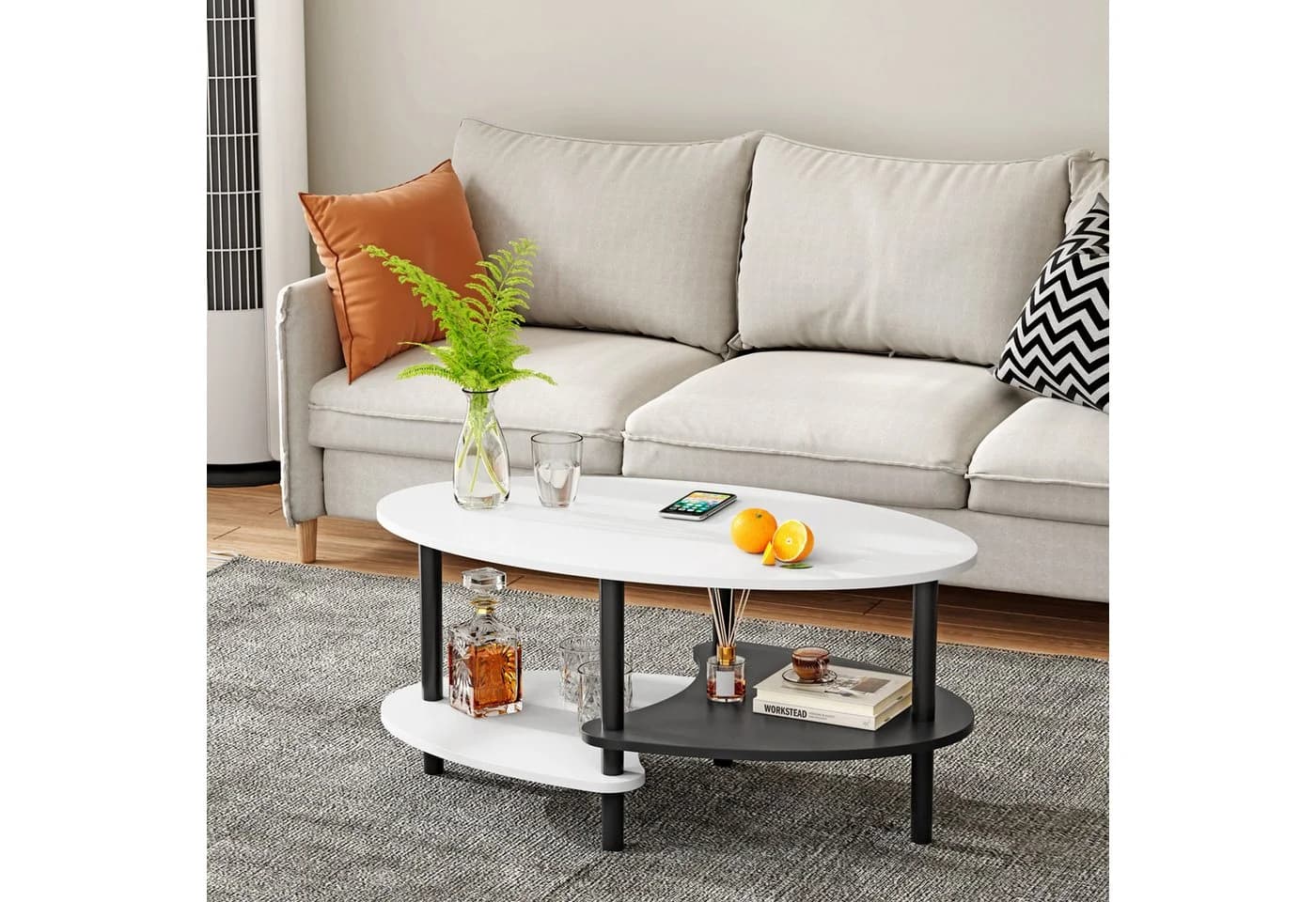 JEOBEST Couchtisch Oval 90x50cm mit 2 Ablagen Skandinavisch