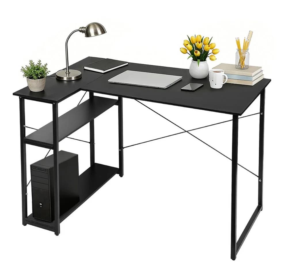 JEOBEST Eckschreibtisch Schwarz mit Regal & Monitor-Ständer