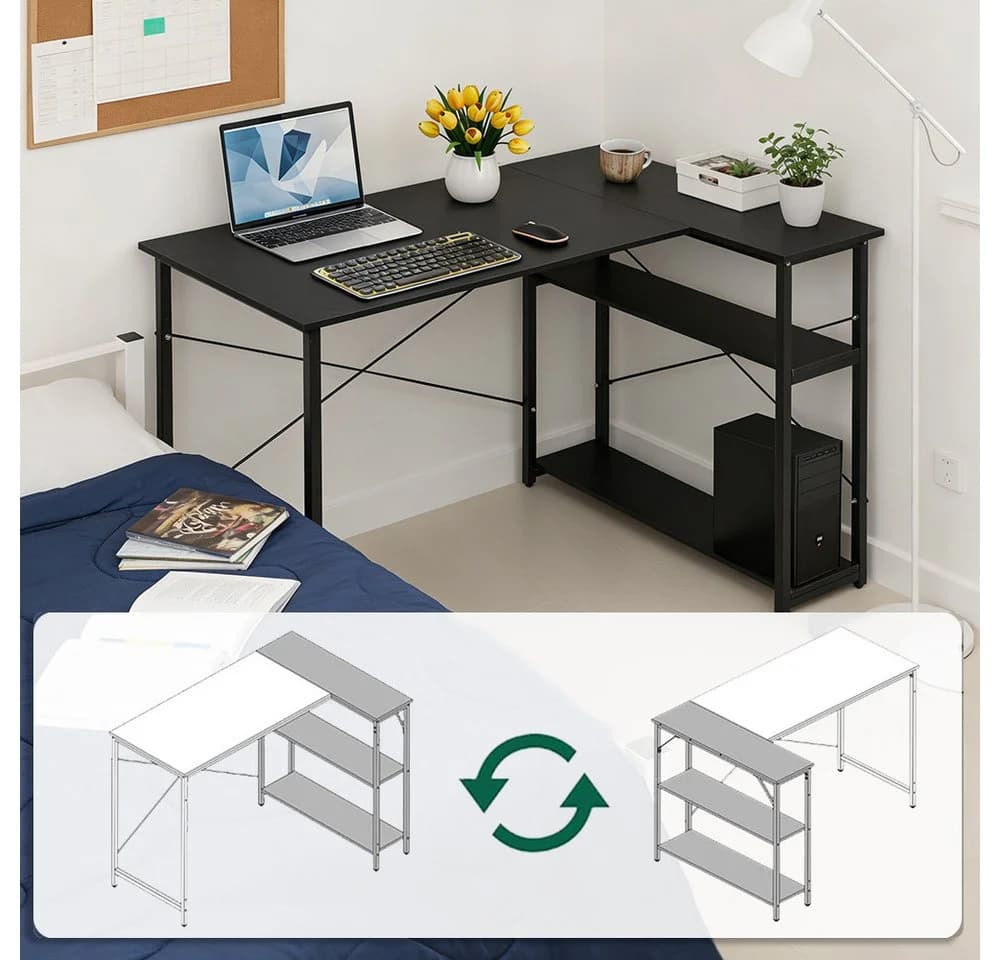 JEOBEST Eckschreibtisch Schwarz mit Regal & Monitor-Ständer - Bild 3