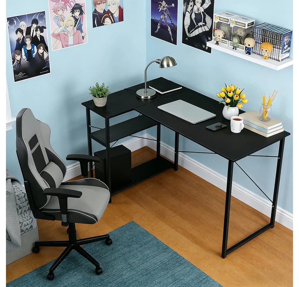 JEOBEST Eckschreibtisch Schwarz mit Regal & Monitor-Ständer - Bild 4