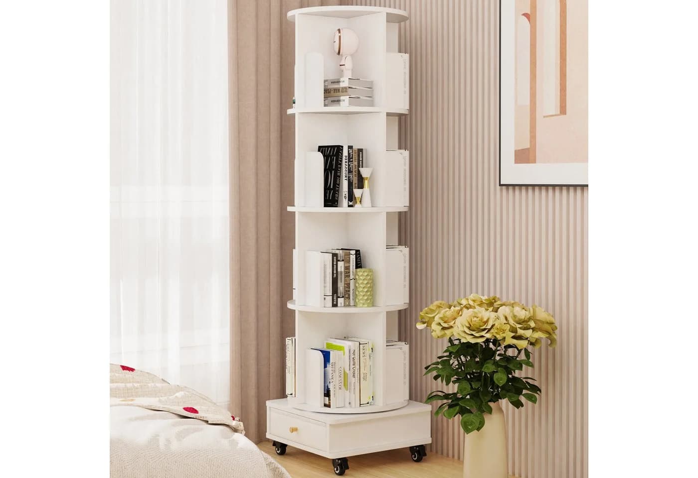 JEOBEST Bücherregal drehbar 5-stöckig weiß mit Rädern