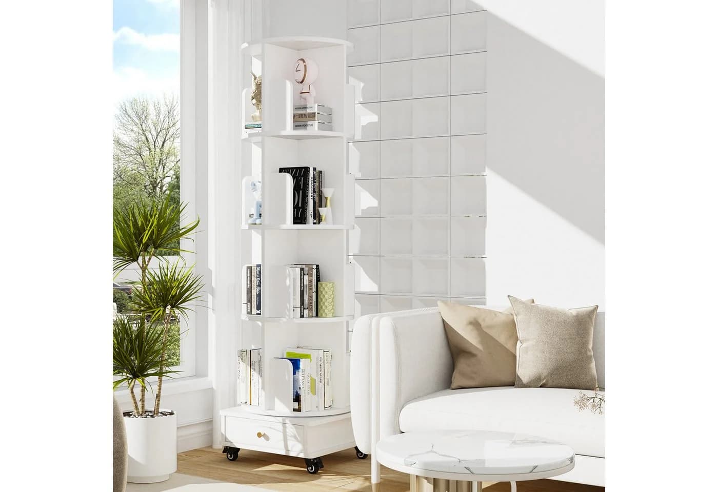 JEOBEST Bücherregal drehbar 5-stöckig weiß mit Rädern - Bild 3