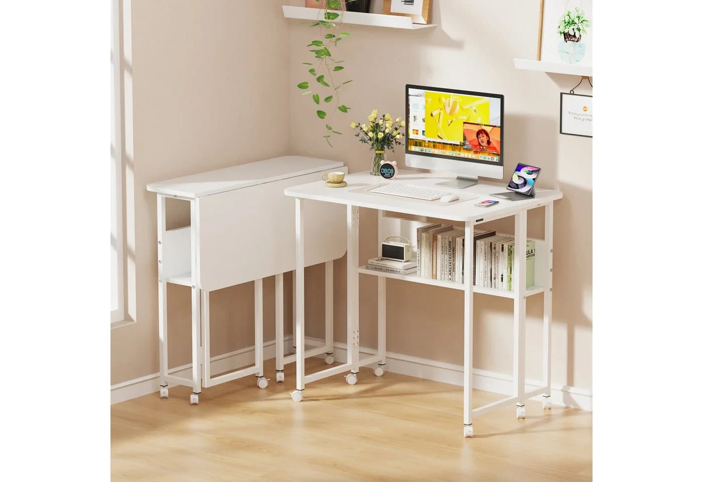 JEOBEST Computertisch Klappbar Weiß mit Rollen