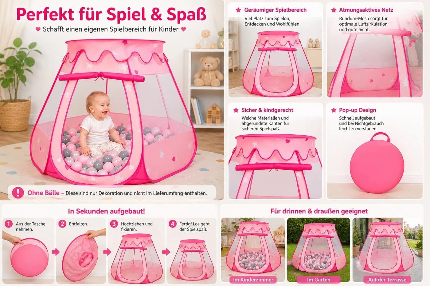 SELONIS Kinder Spielzelt Rosa 105x90 cm - Bild 5