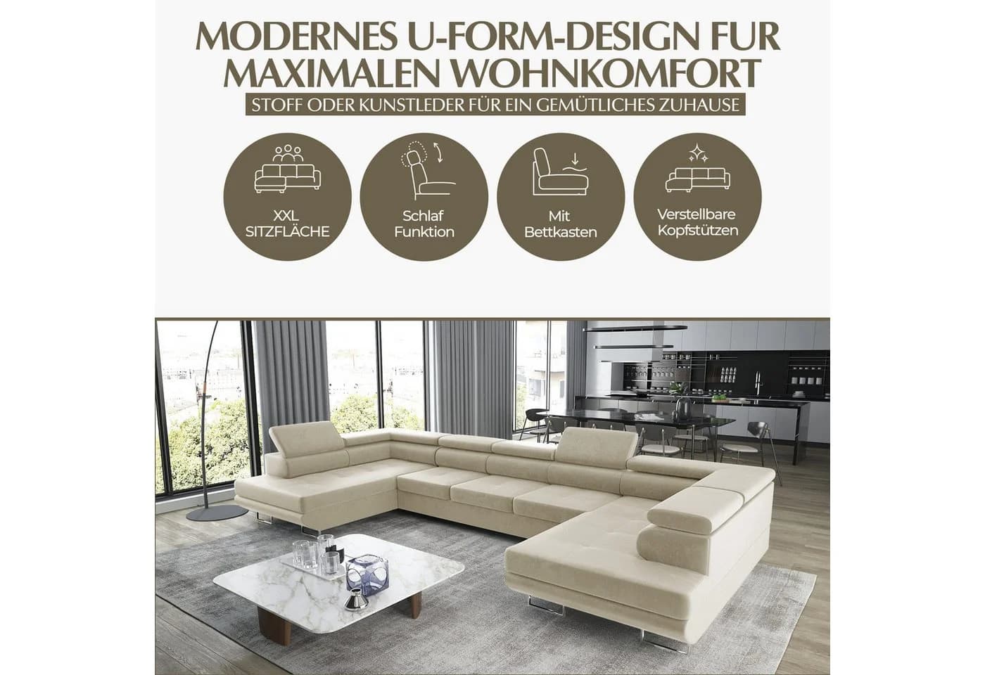 Goldstoff Wohnlandschaft "ASTON" U-Form Beige mit Schlaffunktion & Bettkasten