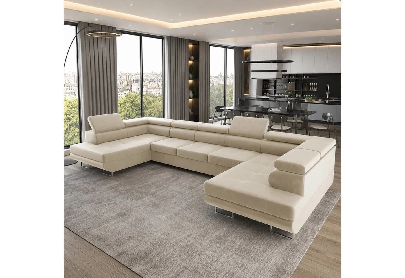 Goldstoff Wohnlandschaft "ASTON" U-Form Beige mit Schlaffunktion & Bettkasten - Bild 2