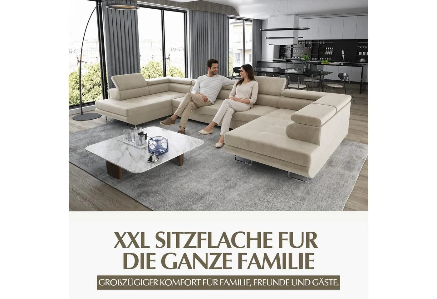 Goldstoff Wohnlandschaft "ASTON" U-Form Beige mit Schlaffunktion & Bettkasten - Bild 3