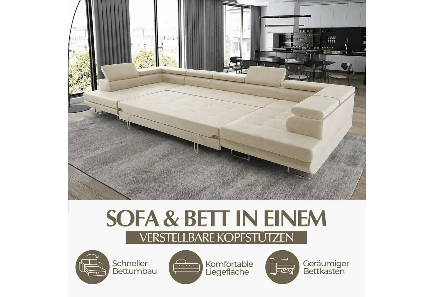 Goldstoff Wohnlandschaft "ASTON" U-Form Beige mit Schlaffunktion & Bettkasten - Bild 4