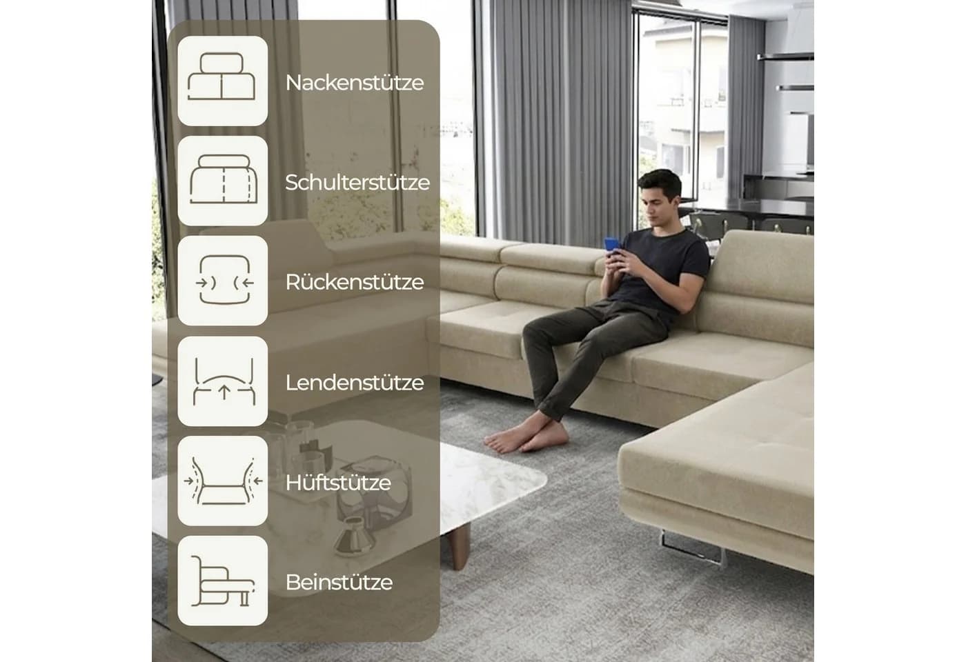 Goldstoff Wohnlandschaft "ASTON" U-Form Beige mit Schlaffunktion & Bettkasten - Bild 5