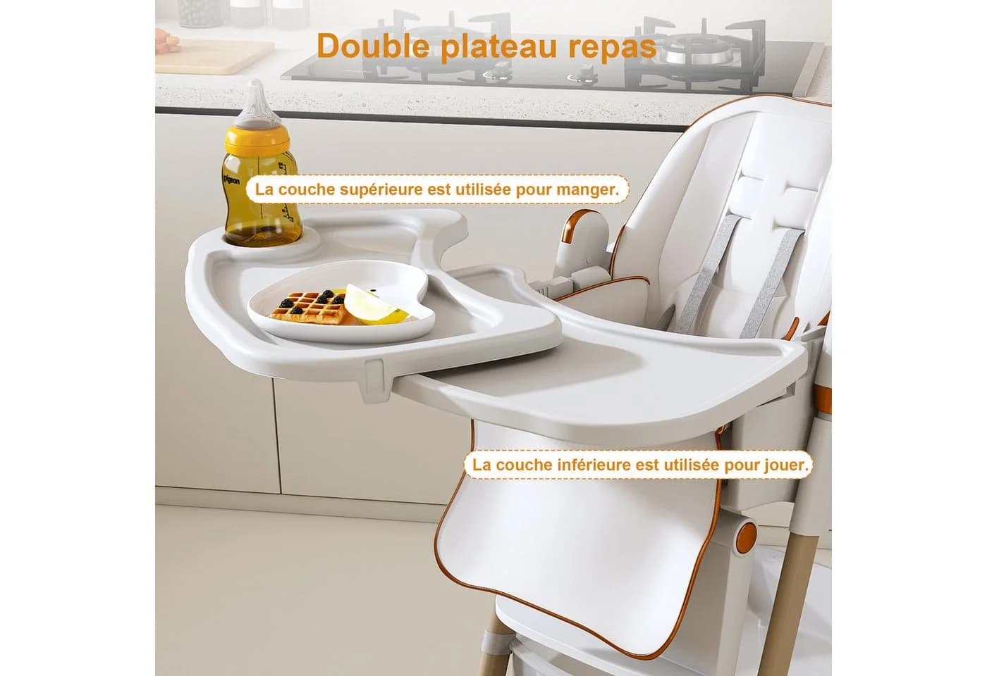 ibettertec Verstellbarer Kinderstuhl Grau mit Sicherheitsgurt und Rollen - Bild 3