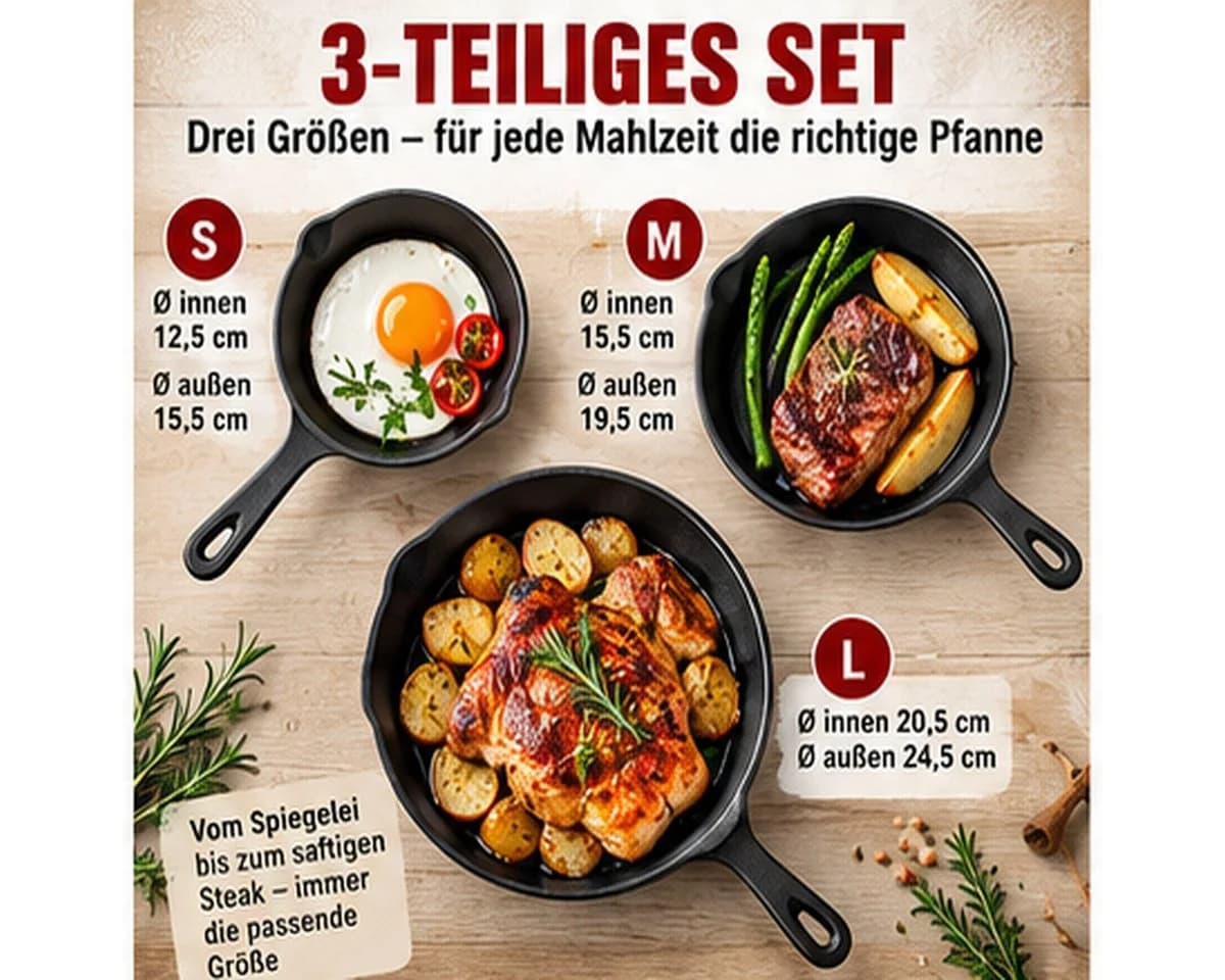 Fyrove Gusseisen Pfannen-Set 3-teilig mit Ausguss