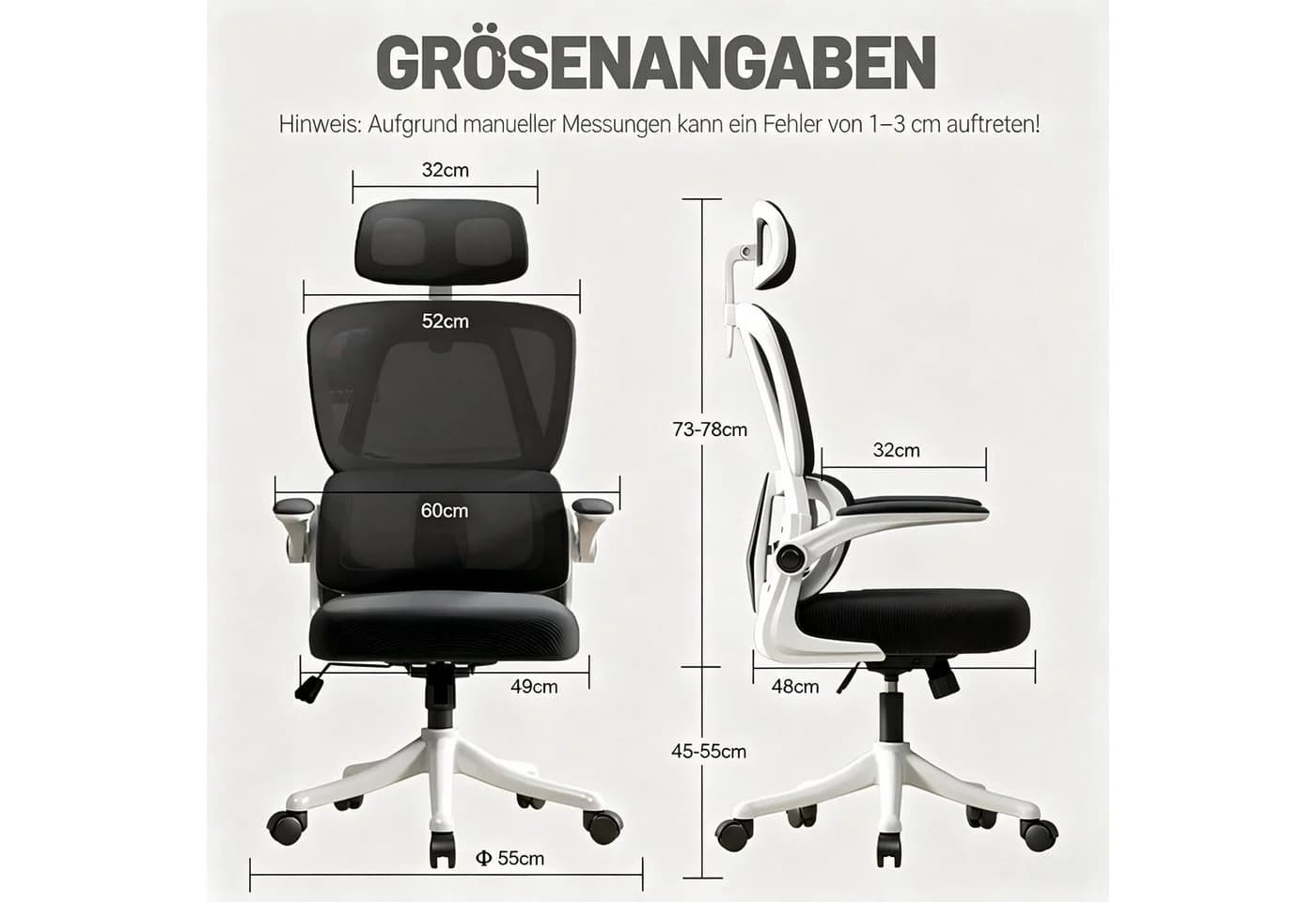 HDHNBA Ergonomischer Bürostuhl Netzgewebe Weiß/Schwarz mit Kopfstütze