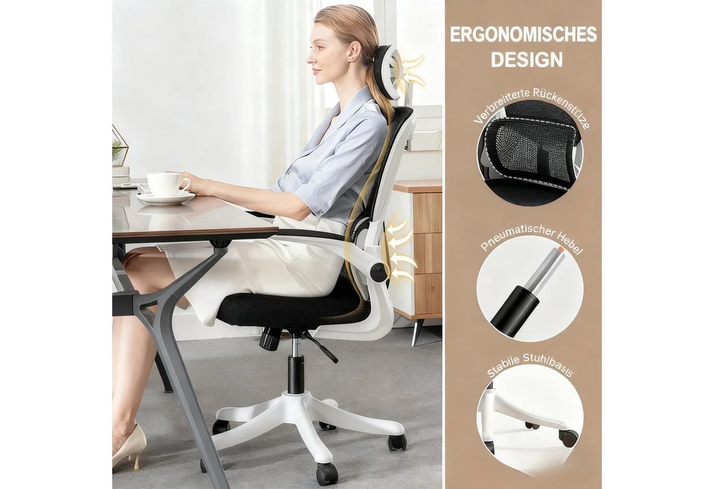 HDHNBA Ergonomischer Bürostuhl Netzgewebe Weiß/Schwarz mit Kopfstütze - Bild 3
