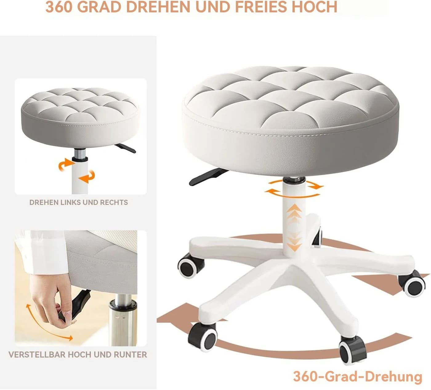 HDHNBA Drehhocker Grau, höhenverstellbar mit Rollen - Bild 4
