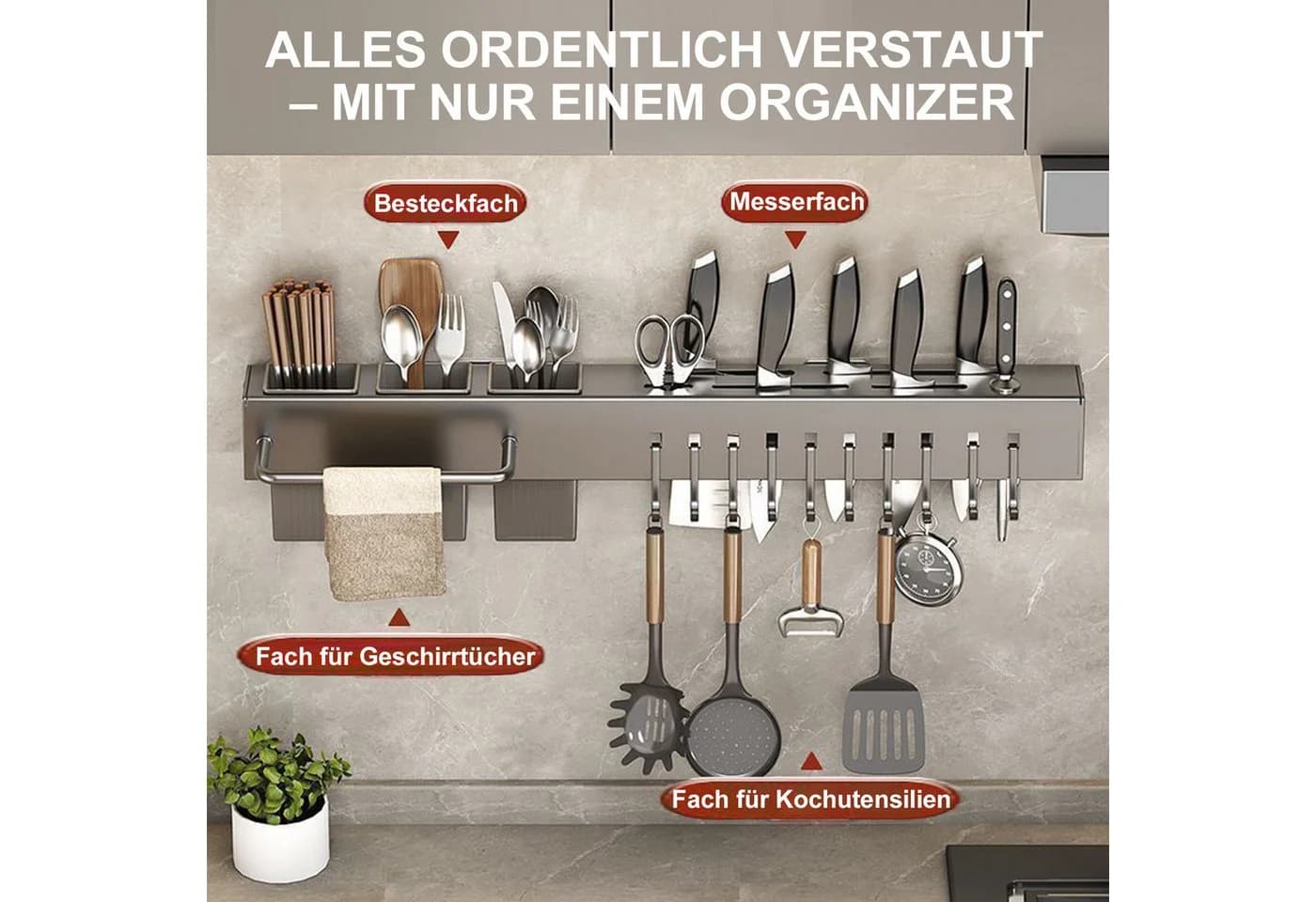 Mutig Hakenleiste Messerhalter 60 cm Silbergrau mit 10 Haken