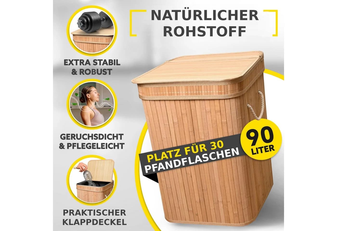 HANDFILL Flaschensammler Wäschekorb Bambus 90L mit Deckel - Bild 3