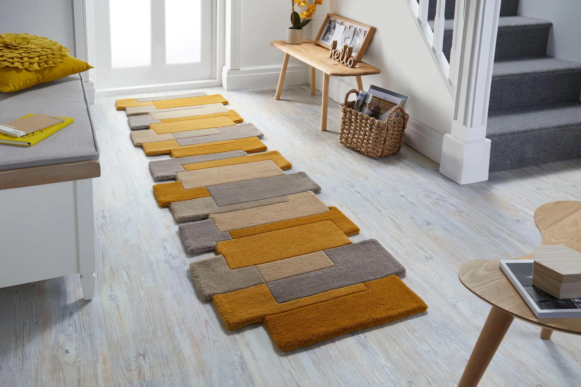 FLAIR RUGS Läufer Abstract Collage 100% Wolle Kariert Gelb