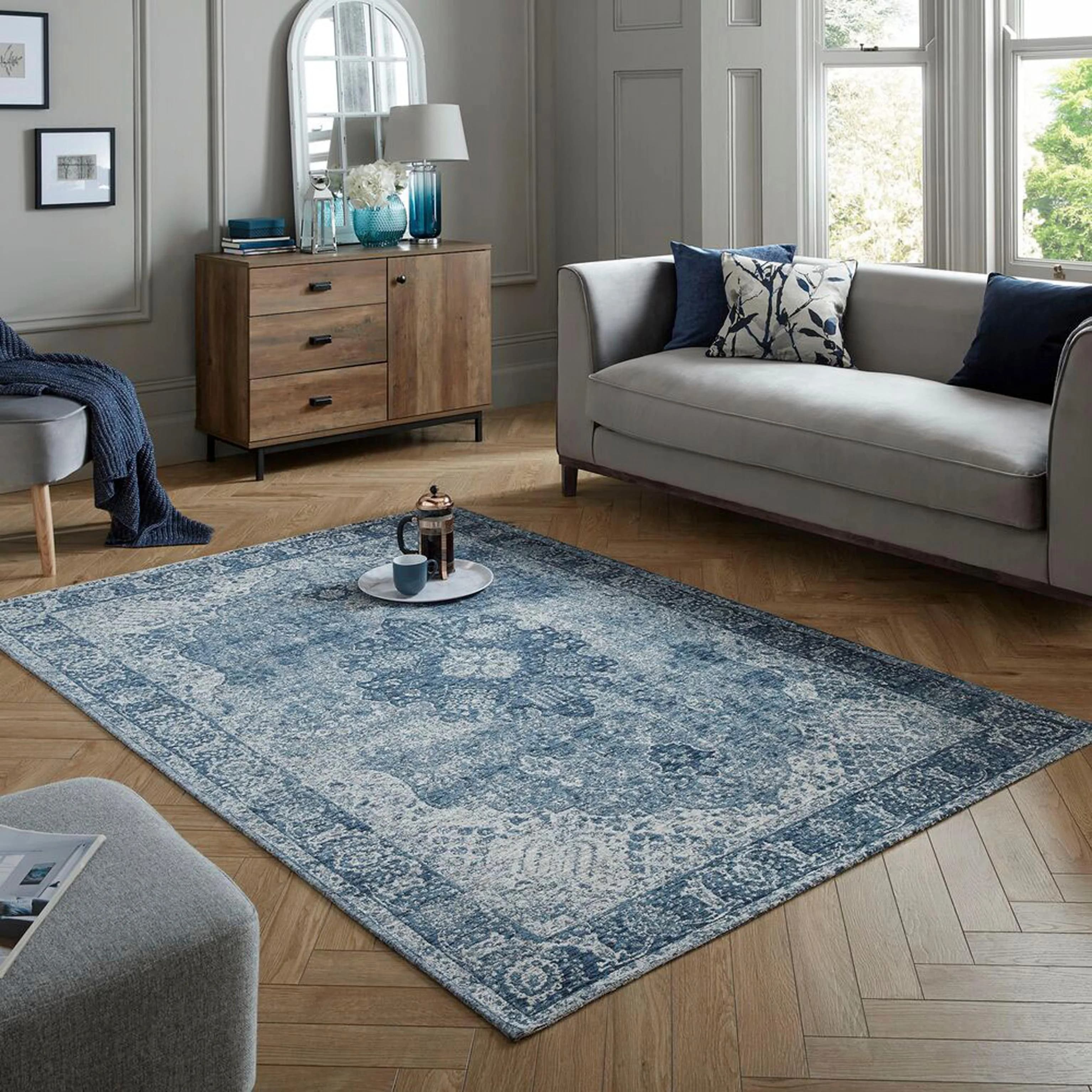 FLAIR RUGS Teppich Antique Vintage-Muster Blau Chenille
