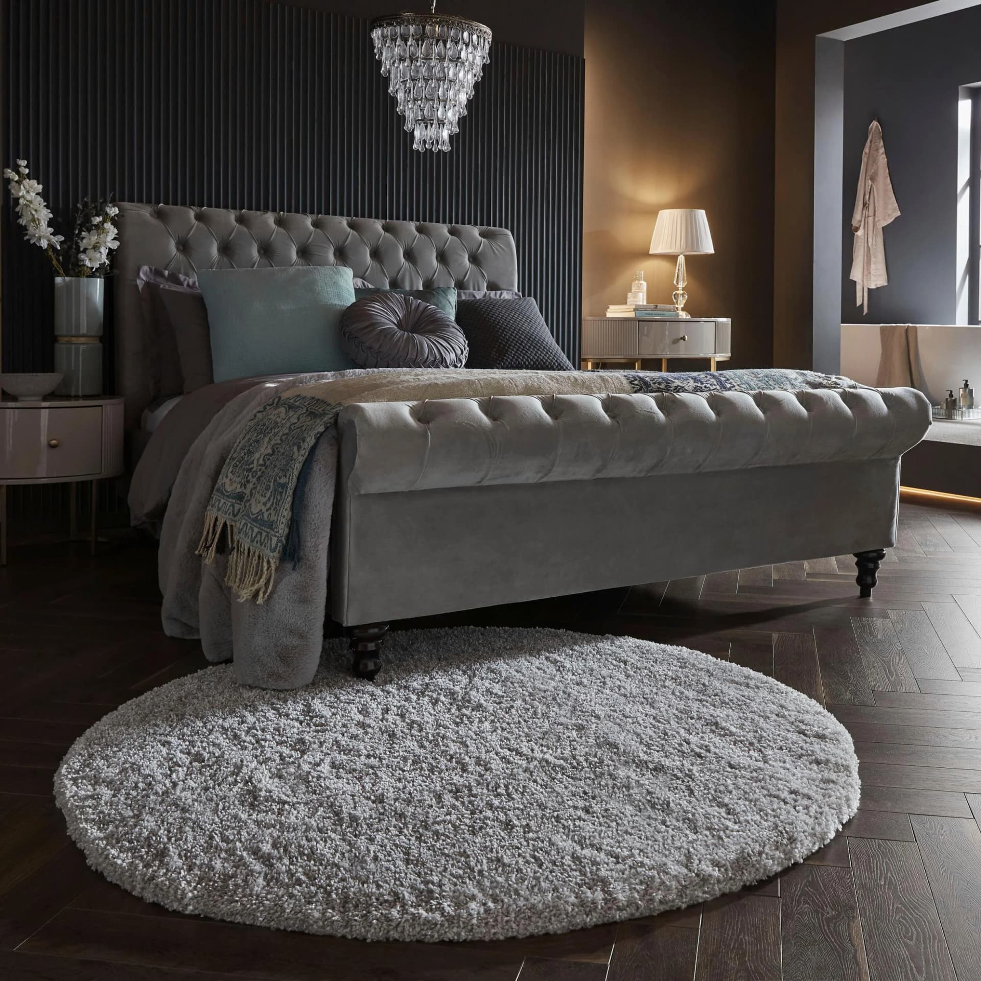 Hochflor-Teppich Feather Soft Grau 133 cm Durchmesser