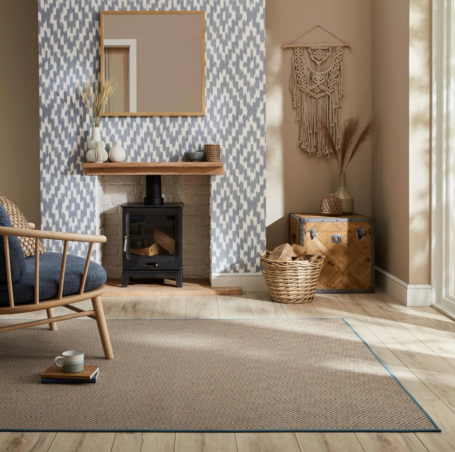 Flair Rugs Jute-Diamantteppich Handgewebt Blau Sisal-Optik