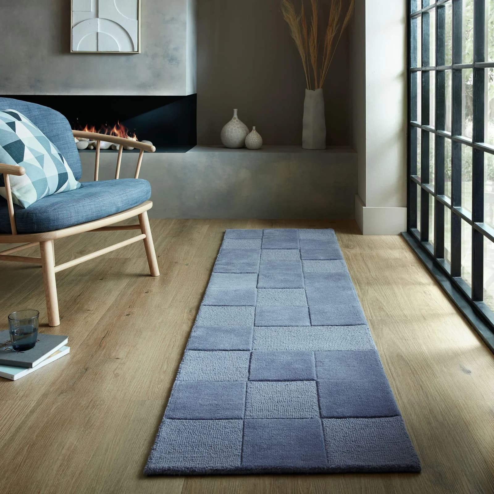 FLAIR RUGS Teppich Checkerboard Blau Handgetuftet Wolle