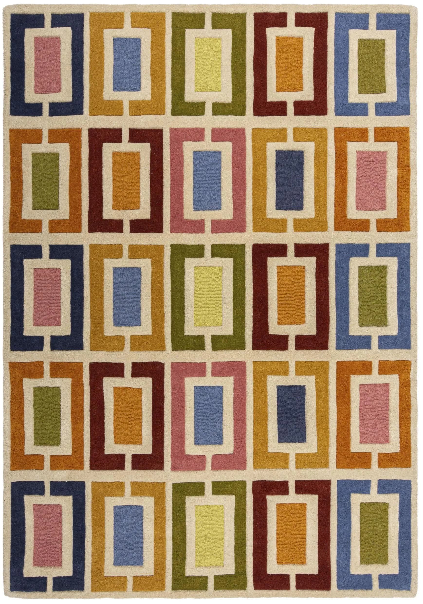 FLAIR RUGS Wollteppich Retro Blocks Bunt Handgetuftet