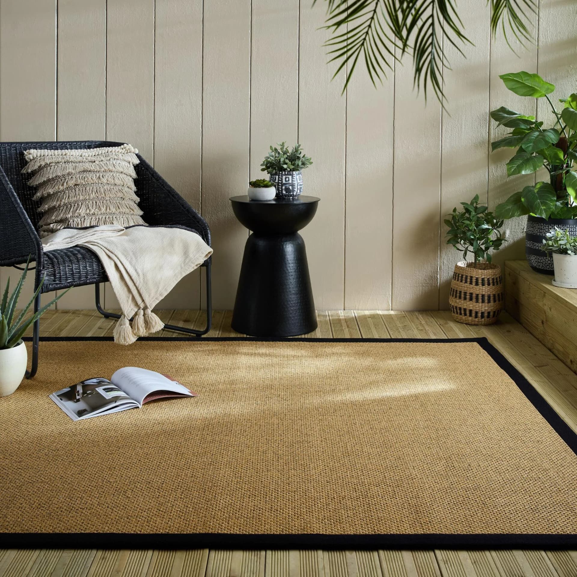 FLAIR RUGS Sisal Look Teppich Schwarz Indoor Outdoor