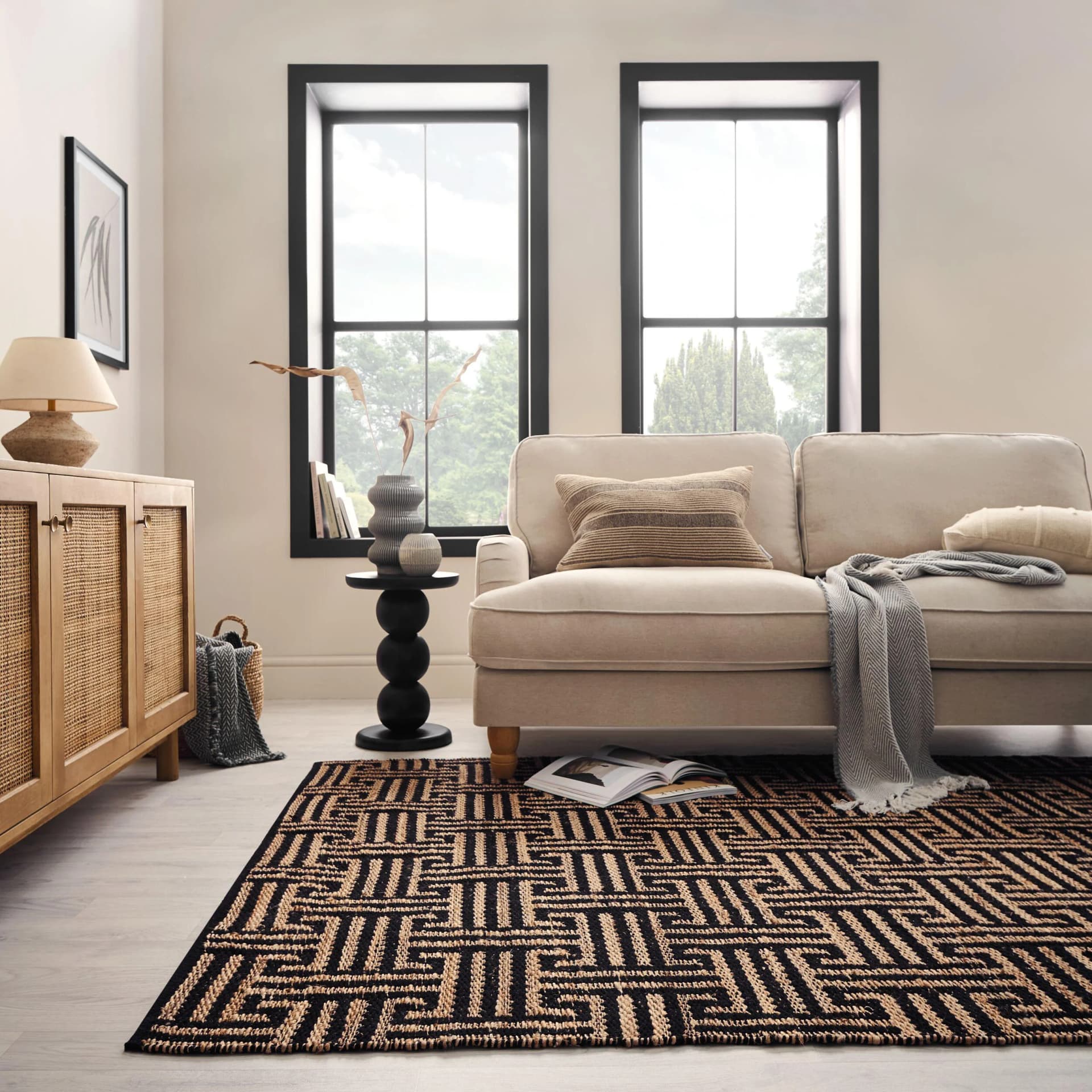 FLAIR RUGS Meander Jute Teppich Schwarz Geometrisches Muster