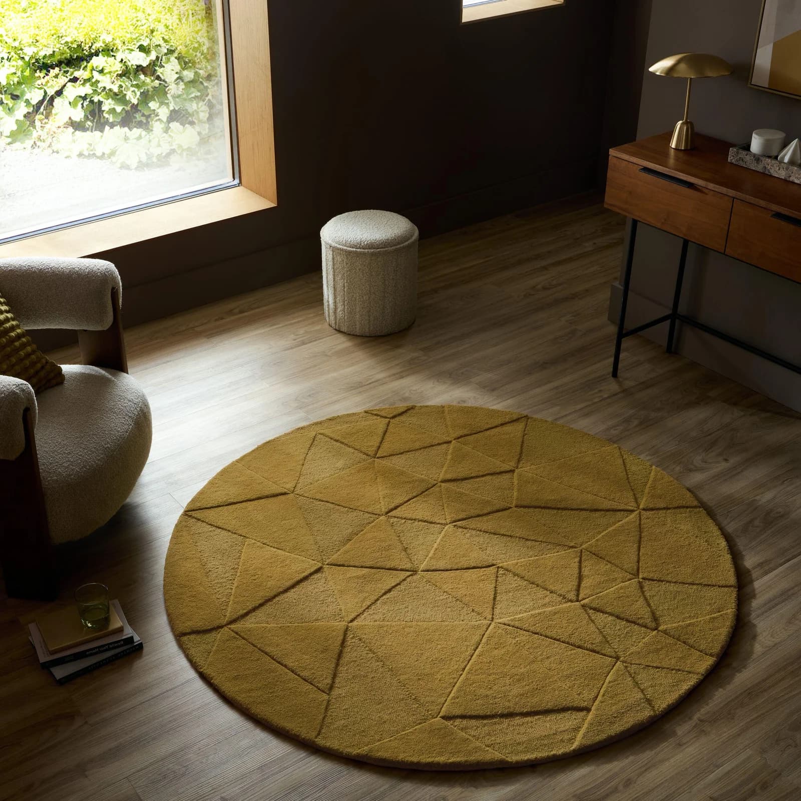 FLAIR RUGS Teppich SHARD rund gold 160cm Wolle Hoch-Tief