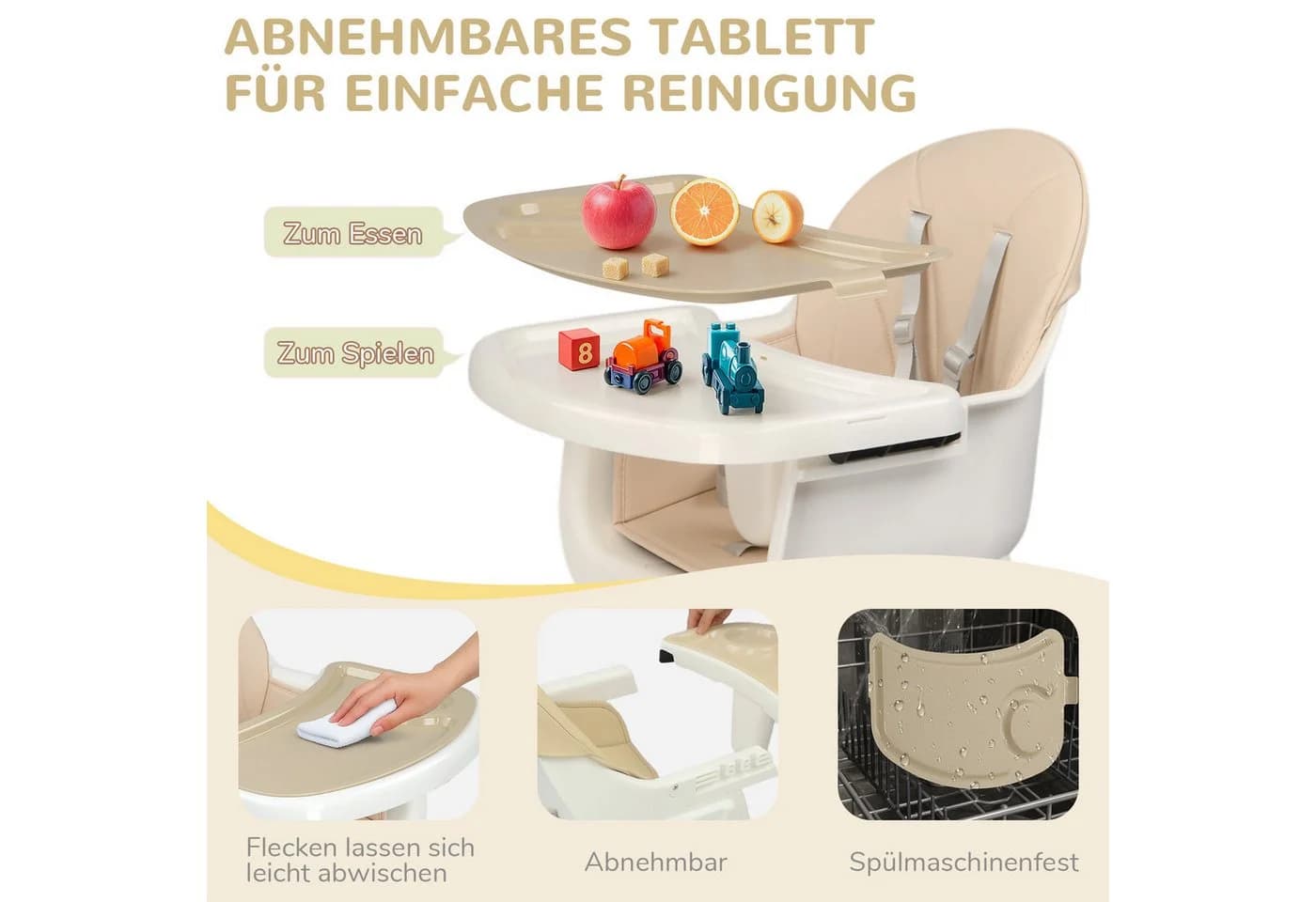 LALAHO Kinderstuhl 2-in-1 Beige Höhenverstellbar mit Tablett - Bild 3