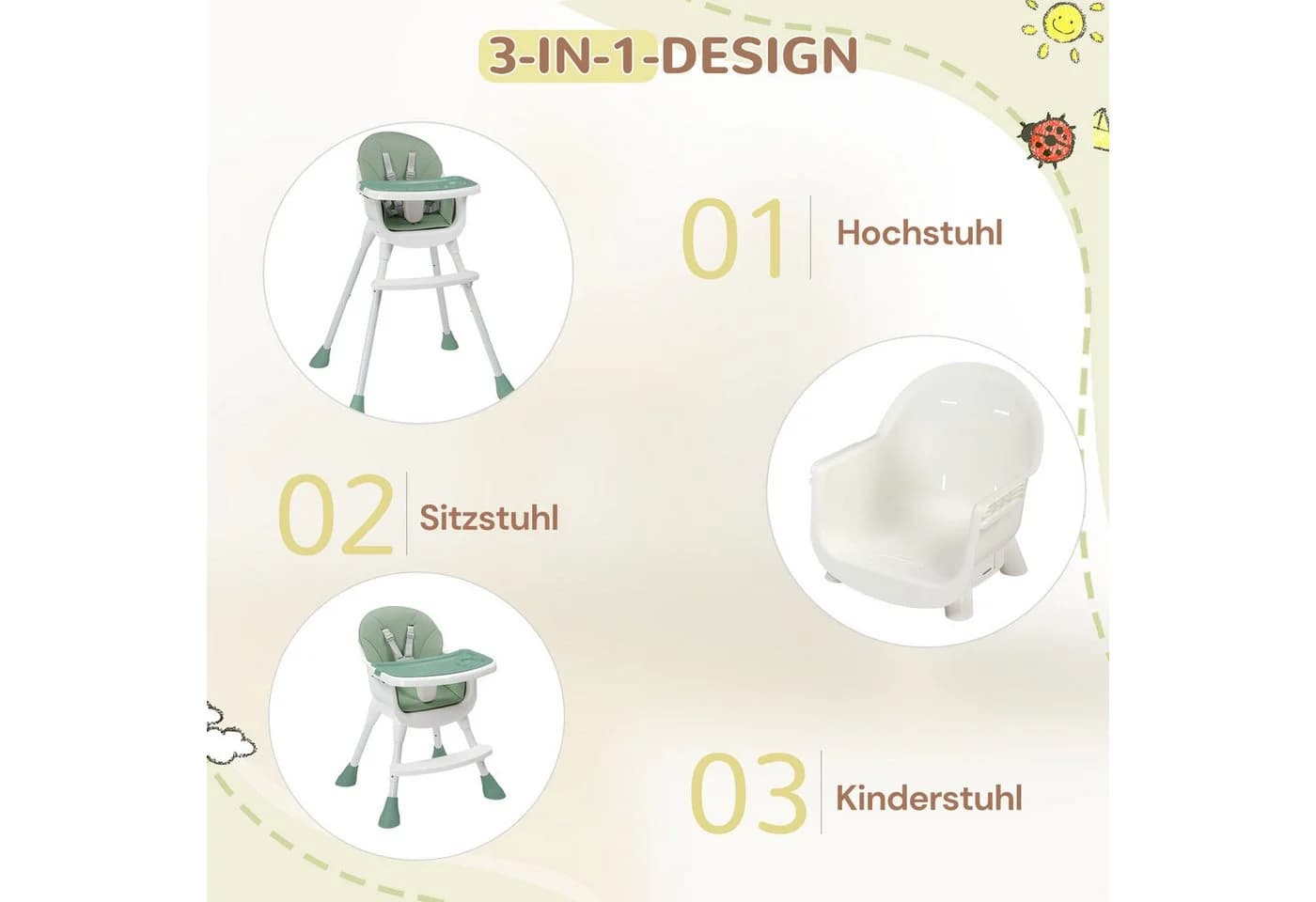 LALAHO Kinderstuhl 2-in-1 Babyhochstuhl Grün