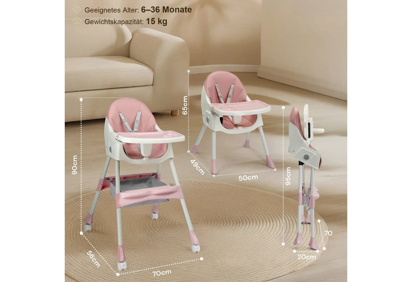 LALAHO Kinderstuhl 2-in-1 Rosa Verstellbar Klappbar mit Sicherheitsgurt