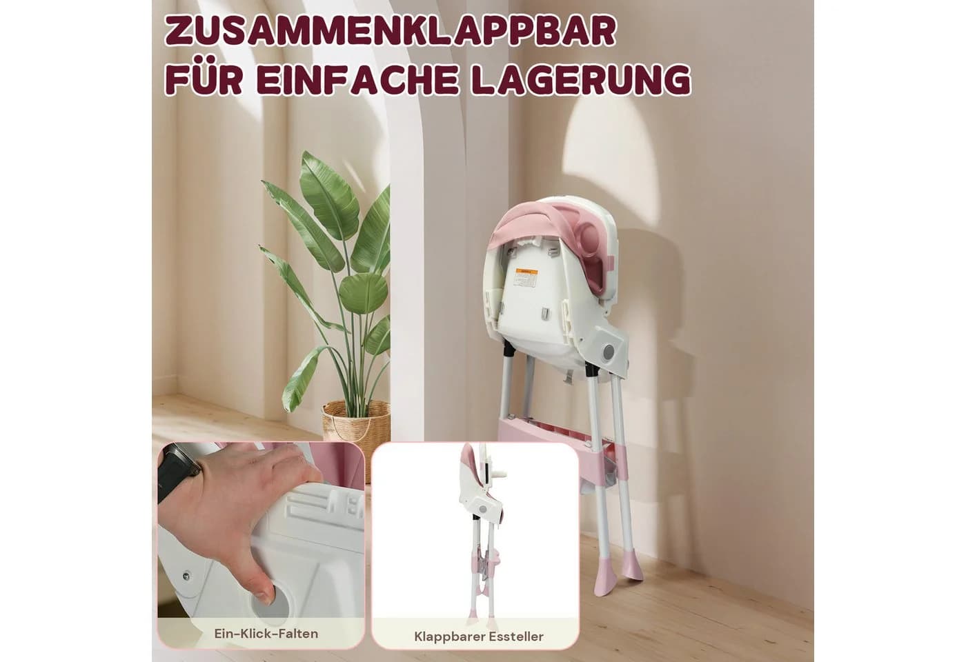 LALAHO Kinderstuhl 2-in-1 Rosa Verstellbar Klappbar mit Sicherheitsgurt - Bild 3