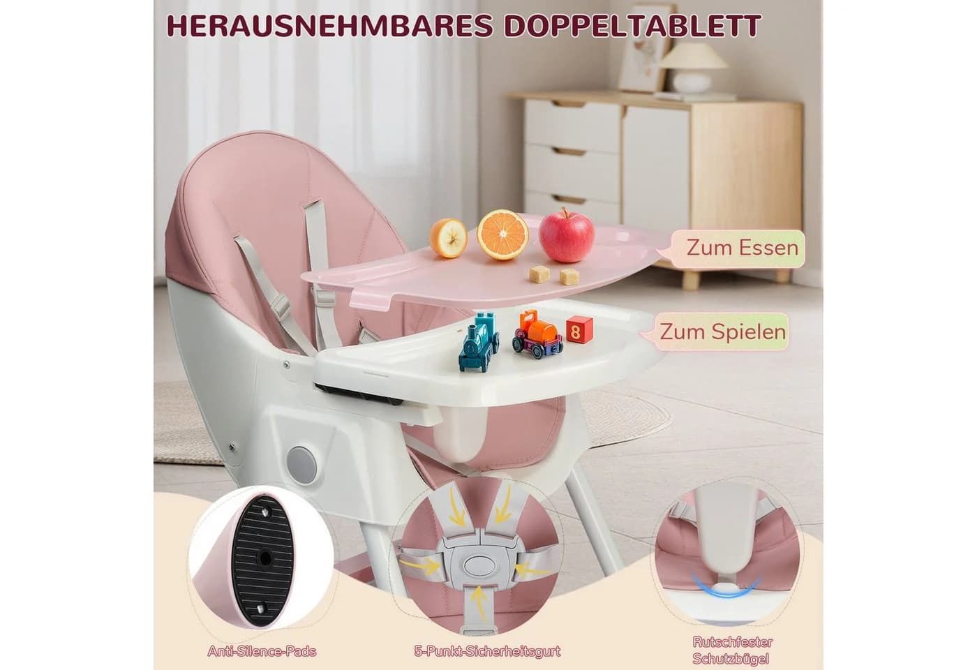 LALAHO Kinderstuhl 2-in-1 Rosa Verstellbar Klappbar mit Sicherheitsgurt - Bild 5