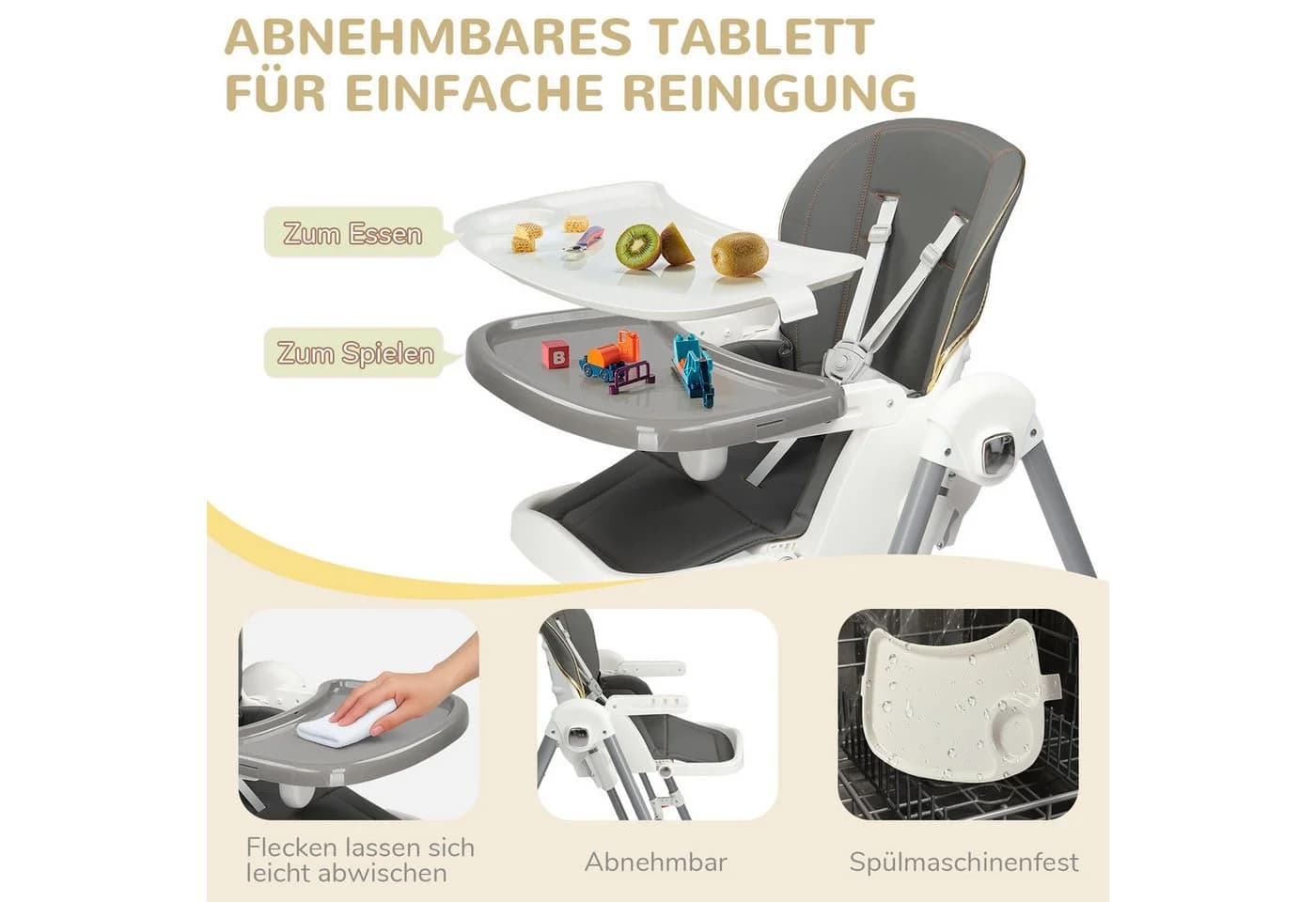 LALAHO Kinderstuhl Klappbar Grau/Weiß Höhenverstellbar mit Tablett