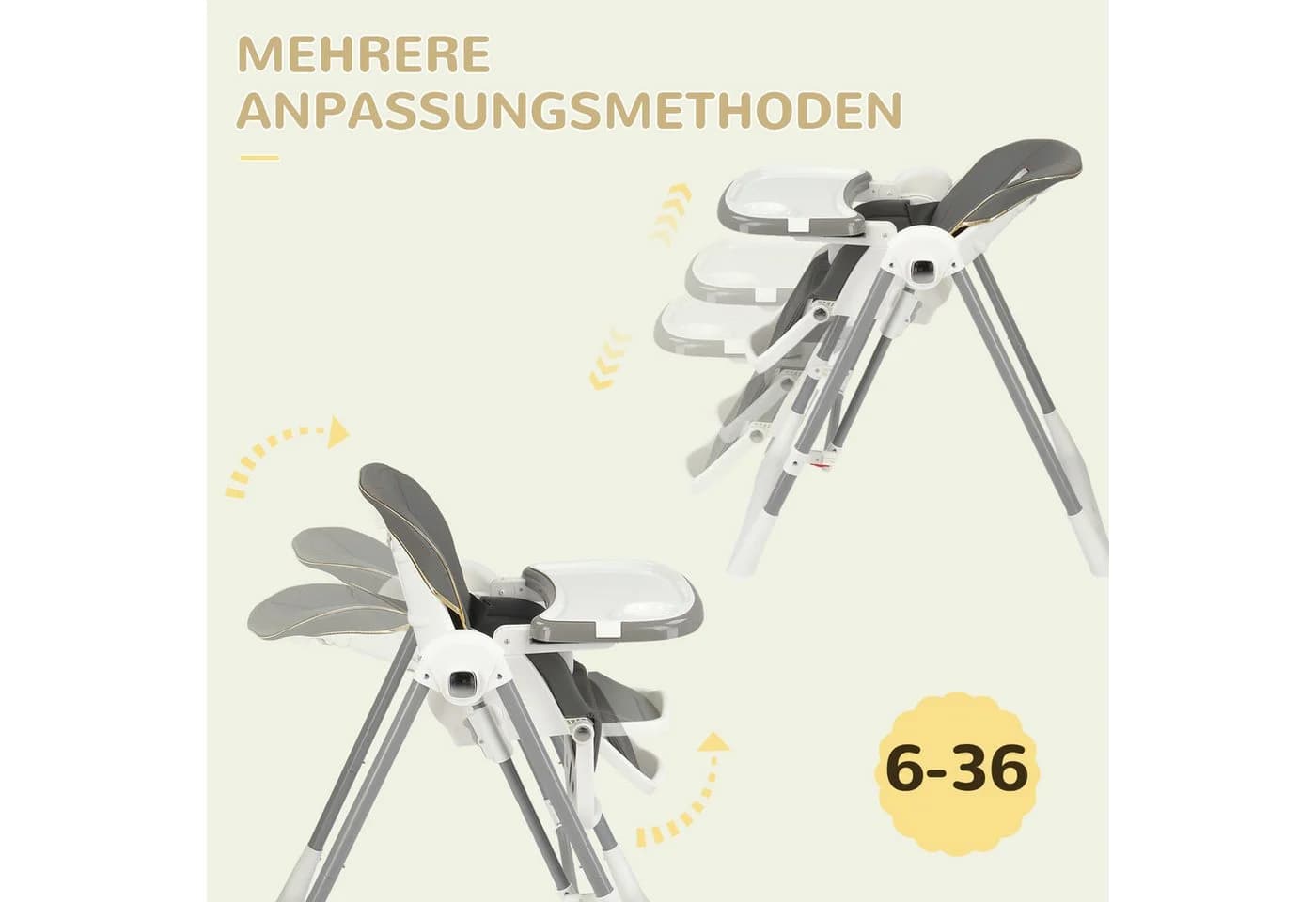 LALAHO Kinderstuhl Klappbar Grau/Weiß Höhenverstellbar mit Tablett - Bild 5