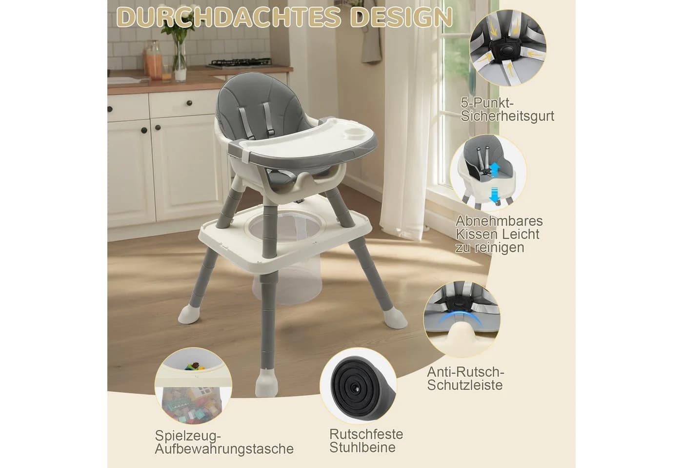 LALAHO Kinderklappstuhl 7-in-1 Grau PVC